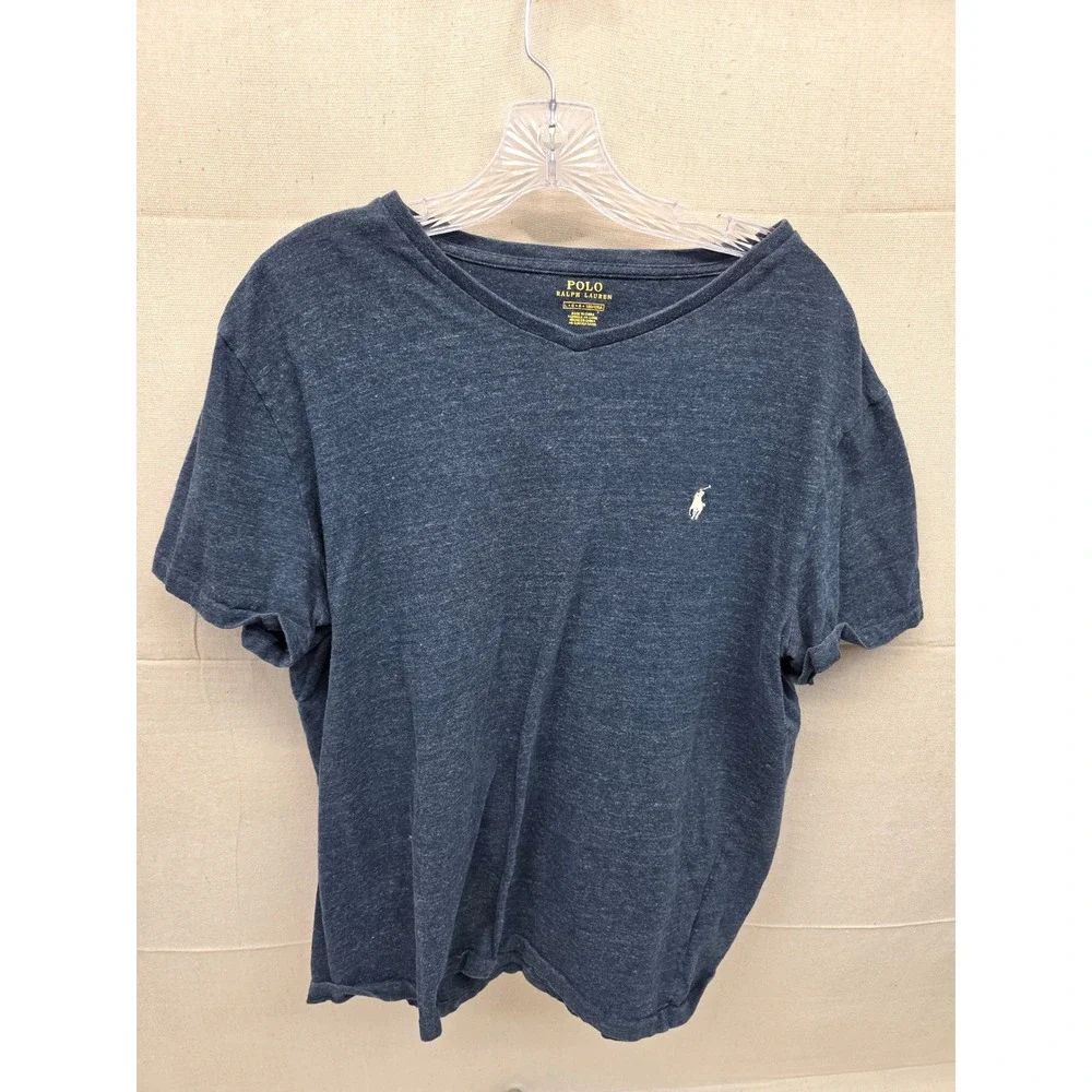 Polo Ralph Lauren Mens V-Neck T-Shirt Navy‎ Blue Heather Pony Logo Large